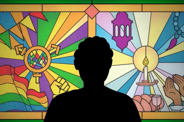 The silhouette of a person in front of illustrated church windows.