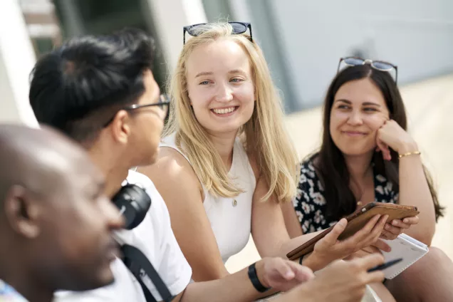 Four happy students sitting outside. Photo. 