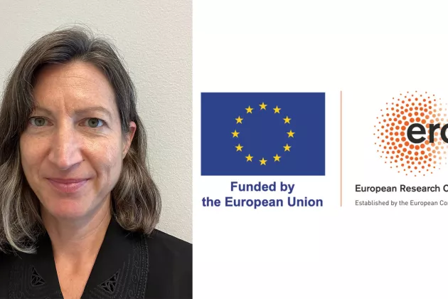 Porträttbild av Lisa Flower tillsammans med ERC:s logotyp och EU-flaggan.