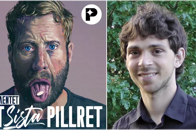 Kopllage av en omslagsbild till podden "Experimentet: Det sista pillret" och en bild på Shai Mulinari.